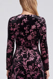 Pink Floral Velvet A-Line Midi Wedding Guest Dress with Long Sleeves