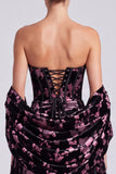 Strapless Black Pink Flower Corset Ruched A-Line Midi Wedding Guest Dress