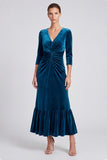 Peacock Blue Ruched A-Line Midi Velvet Dress with 3/4 Sleeves