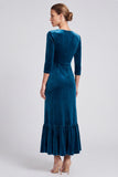 Peacock Blue Ruched A-Line Midi Velvet Dress with 3/4 Sleeves