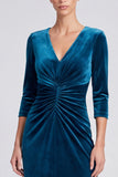 Peacock Blue Ruched A-Line Midi Velvet Dress with 3/4 Sleeves