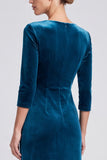 Peacock Blue Ruched A-Line Midi Velvet Dress with 3/4 Sleeves