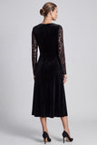 Black A Line Lace Midi Velvet Dress With Long Sleeves