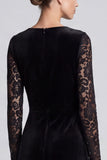 Black A Line Lace Midi Velvet Dress With Long Sleeves