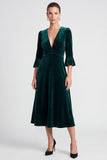 V-Neck Dark Green A Line Half Sleeve Midi Velvet Dress