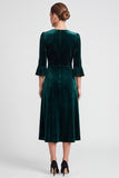 V-Neck Dark Green A Line Half Sleeve Midi Velvet Dress