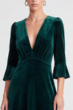 V-Neck Dark Green A Line Half Sleeve Midi Velvet Dress