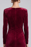 Sheath Burgundy Midi Velvet Dress With Long Sleeves