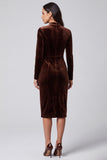 Long Sleeve Sheath Dark Brown Midi Velvet Dress