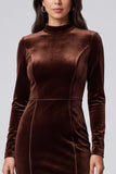 Long Sleeve Sheath Dark Brown Midi Velvet Dress