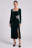 Square Neck Sheath Dark Green Midi Velvet Dress With Long Sleeves