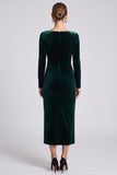 Square Neck Sheath Dark Green Midi Velvet Dress With Long Sleeves