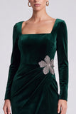 Square Neck Sheath Dark Green Midi Velvet Dress With Long Sleeves