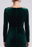 Square Neck Sheath Dark Green Midi Velvet Dress With Long Sleeves