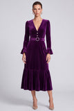 Long Sleeve A Line Purple Midi Velvet Dress With Belt