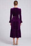Long Sleeve A Line Purple Midi Velvet Dress With Belt