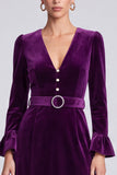 Long Sleeve A Line Purple Midi Velvet Dress With Belt