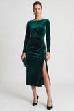 Sheath Dark Green Ruched Midi Velvet Dress With Long Sleeves
