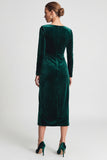 Sheath Dark Green Ruched Midi Velvet Dress With Long Sleeves