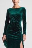 Sheath Dark Green Ruched Midi Velvet Dress With Long Sleeves
