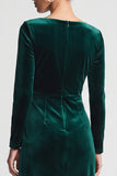 Sheath Dark Green Ruched Midi Velvet Dress With Long Sleeves
