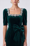 Square Neck Bodycon Sparkly Dark Green Mini Velvet Dress