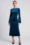 Peacock Blue Mermaid Midi Velvet Dress With Long Sleeves