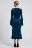 Peacock Blue Mermaid Midi Velvet Dress With Long Sleeves