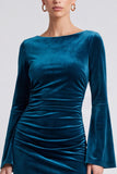 Peacock Blue Mermaid Midi Velvet Dress With Long Sleeves