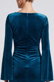 Peacock Blue Mermaid Midi Velvet Dress With Long Sleeves