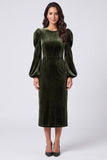 Long Sleeve Sheath Green Midi Velvet Dress