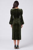 Long Sleeve Sheath Green Midi Velvet Dress