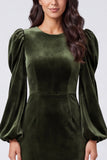 Long Sleeve Sheath Green Midi Velvet Dress