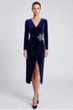 Sheath Long Sleeve Sparkly Navy Midi Velvet Dress With Slit