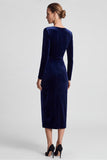 Sheath Long Sleeve Sparkly Navy Midi Velvet Dress With Slit