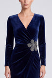 Sheath Long Sleeve Sparkly Navy Midi Velvet Dress With Slit
