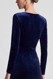 Sheath Long Sleeve Sparkly Navy Midi Velvet Dress With Slit