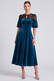 A Line Lace Peacock Blue Midi Velvet Dress With Puff Sleeves