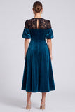 A Line Lace Peacock Blue Midi Velvet Dress With Puff Sleeves