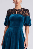 A Line Lace Peacock Blue Midi Velvet Dress With Puff Sleeves