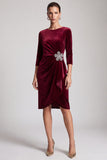 Sheath Burgundy Sparkly Ruffled Midi Velvet Dress With 3/4 Sleeves