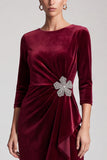 Sheath Burgundy Sparkly Ruffled Midi Velvet Dress With 3/4 Sleeves