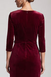 Sheath Burgundy Sparkly Ruffled Midi Velvet Dress With 3/4 Sleeves