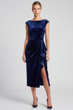 Navy Sheath Ruched Ruffled Midi Velvet Dress With Cap Sleeves