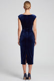 Navy Sheath Ruched Ruffled Midi Velvet Dress With Cap Sleeves