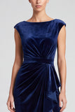 Navy Sheath Ruched Ruffled Midi Velvet Dress With Cap Sleeves