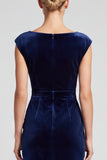 Navy Sheath Ruched Ruffled Midi Velvet Dress With Cap Sleeves