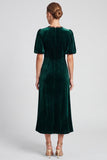 Sheath Dark Green Lace Midi Velvet Dress With Puff Sleeves
