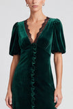Sheath Dark Green Lace Midi Velvet Dress With Puff Sleeves