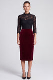 Sheath Lace Black and Burgundy 3/4 Sleeve Midi Velvet Dress
